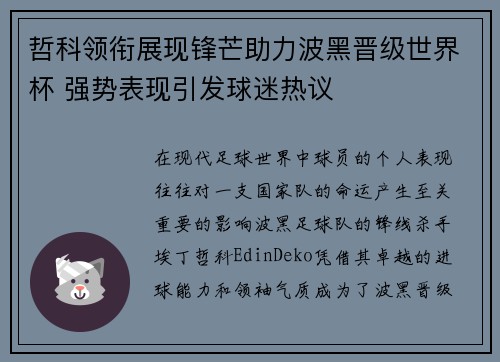 哲科领衔展现锋芒助力波黑晋级世界杯 强势表现引发球迷热议